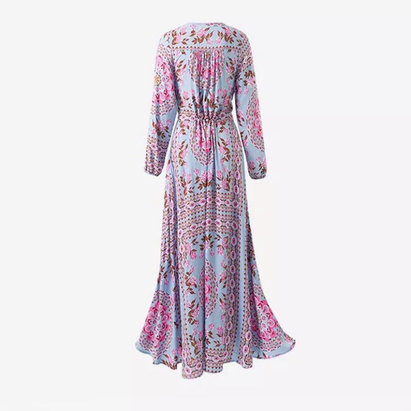 SOLD OUT Blue Floral Bohemian Long Button Up Maxi Dress - Picture 6 of 6